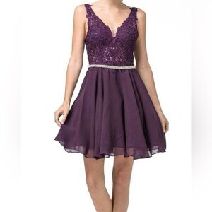 Purple Sleeveless V-Neck Fit and Flare Mini Dress (with rhinestone belt)